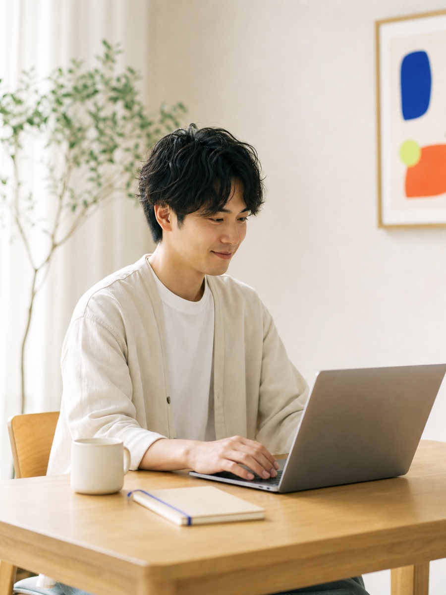 ノートパソコンに向かい、短時間で入力を済ませるフリーランス