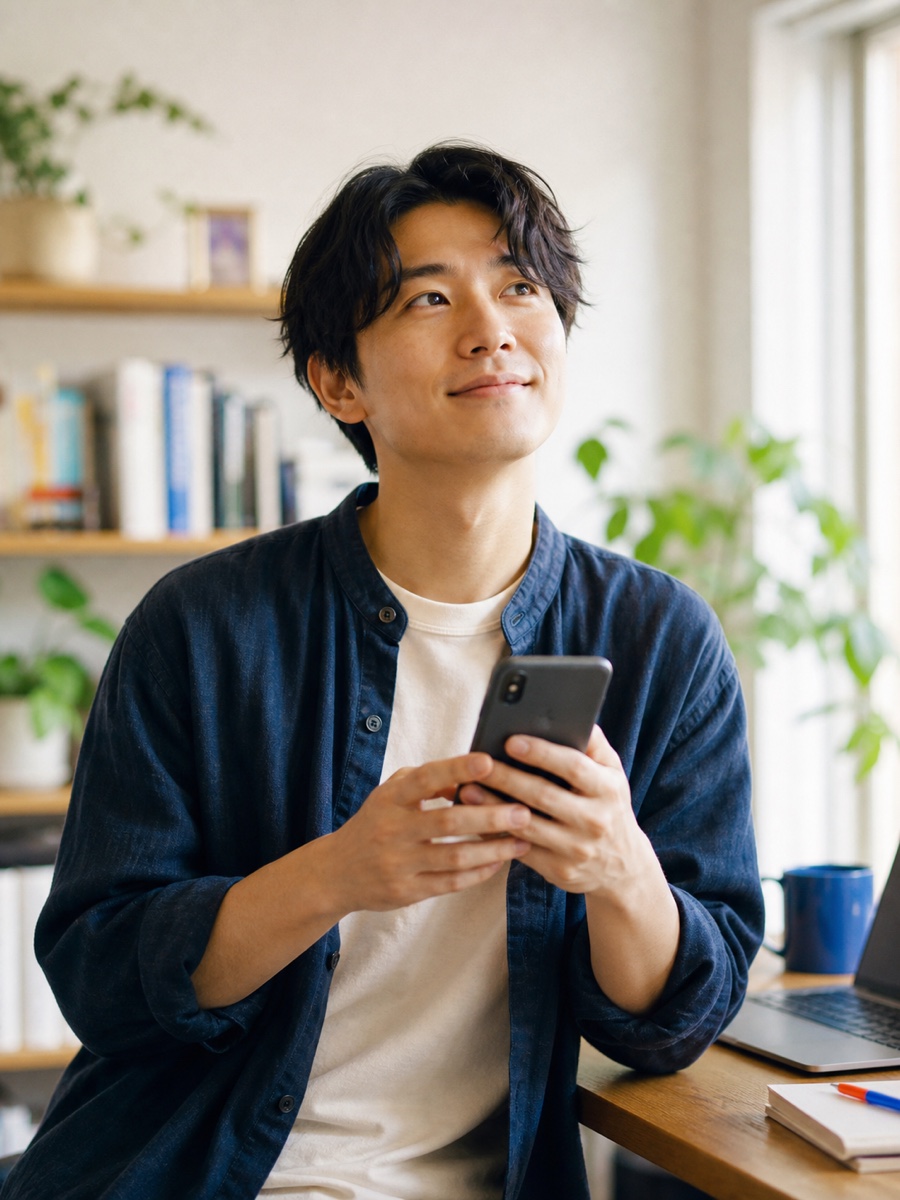 スマートフォンの通知に気づいて顔を上げるフリーランス